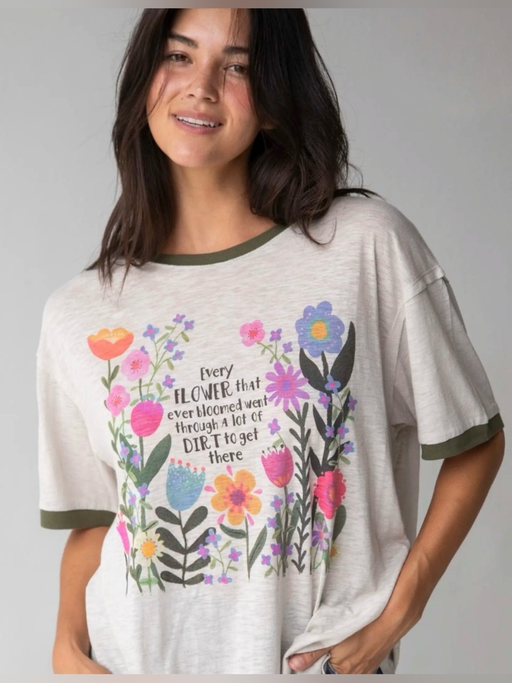 NATURAL LIFE Oversized Ringer Tee with Multicolor Floral Print